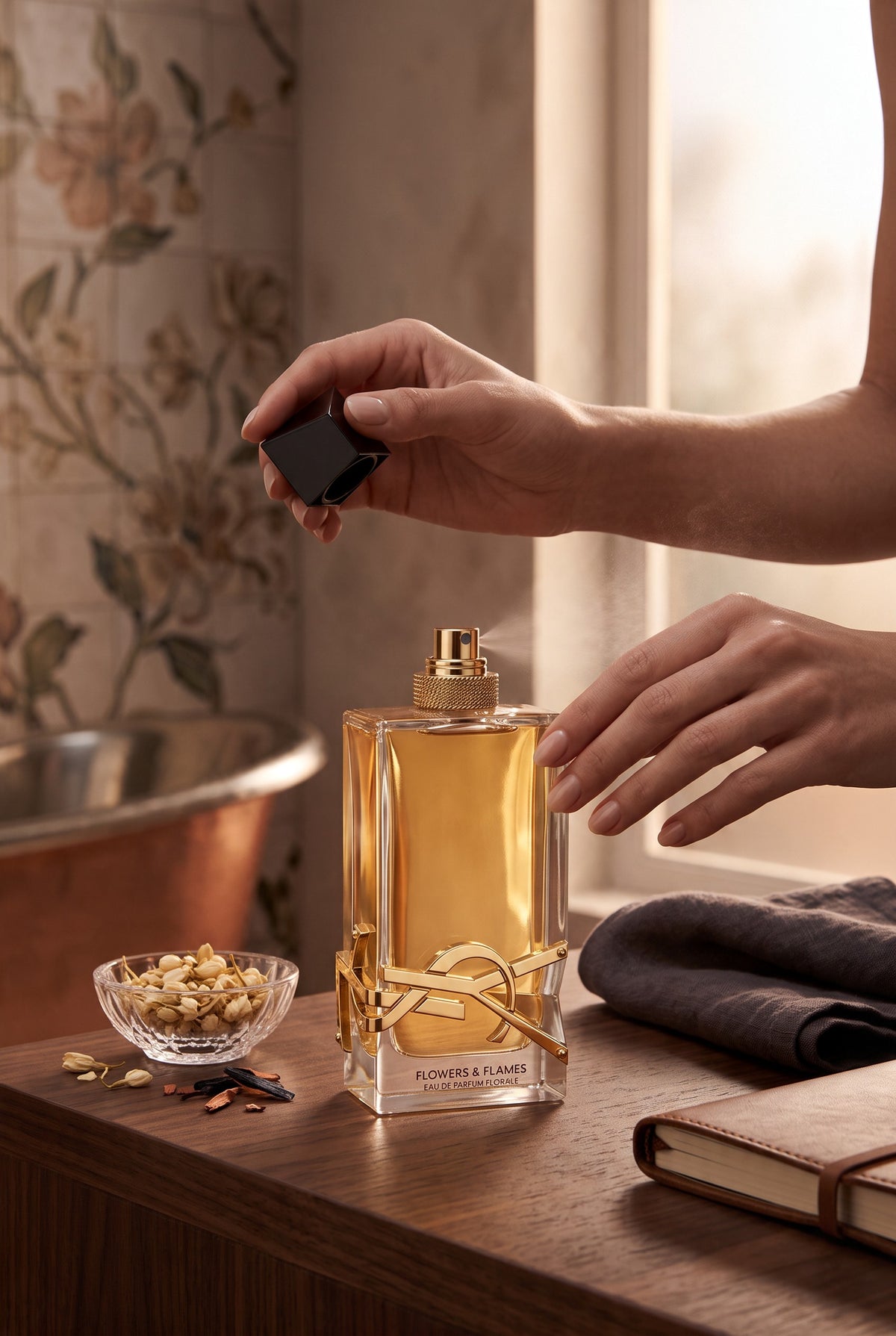 Yves Saint Laurent Libre Eau de Toilette perfume bottle and its white packaging box on a marble surface, with a hand holding the bottle next to it. YSL, Monza Outlet, Monza Fashion, Shein Outlet.