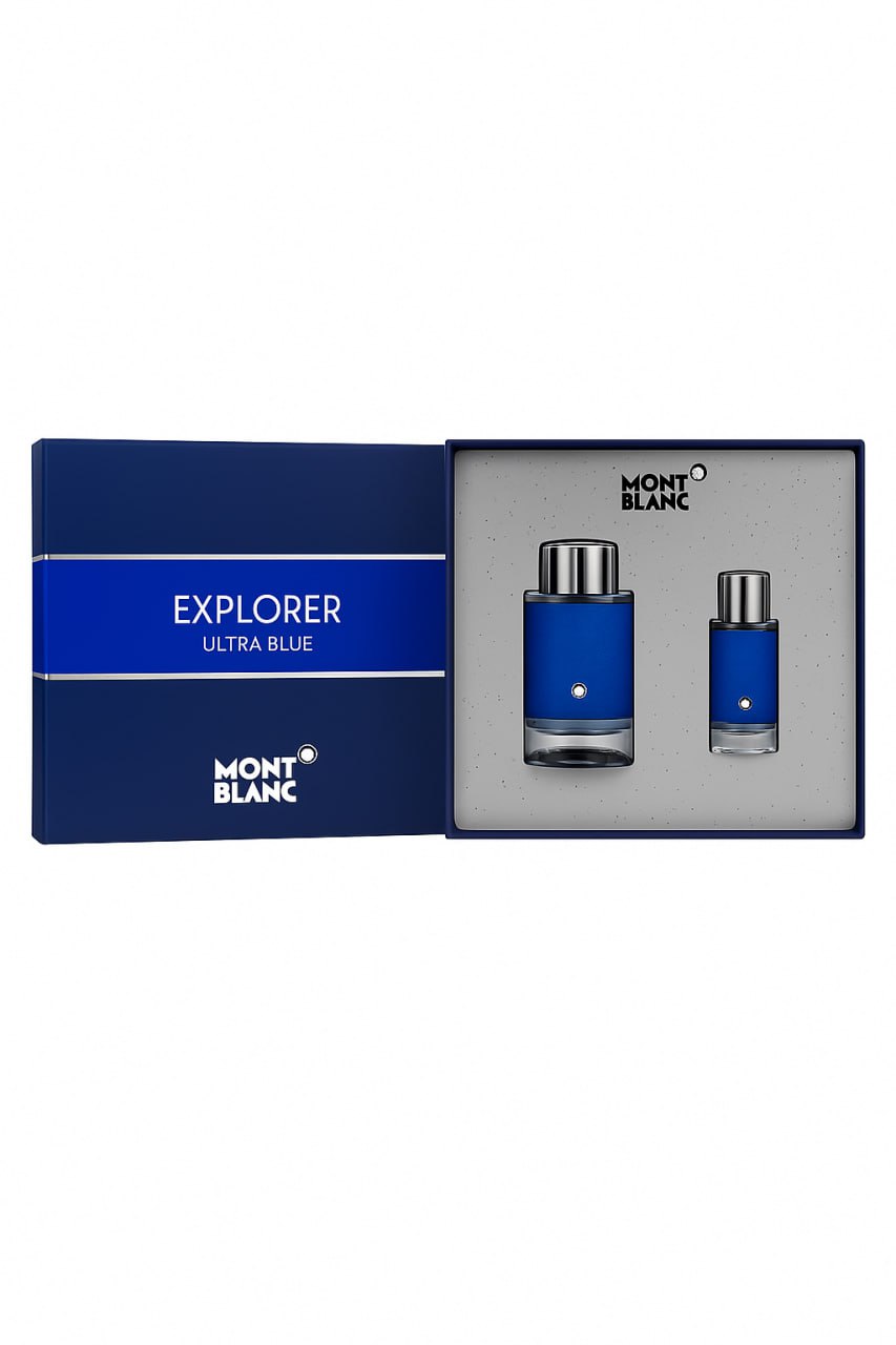Montblanc Explorer Ultra Blue perfume set with two bottles in a box on a white background Monza Outlet