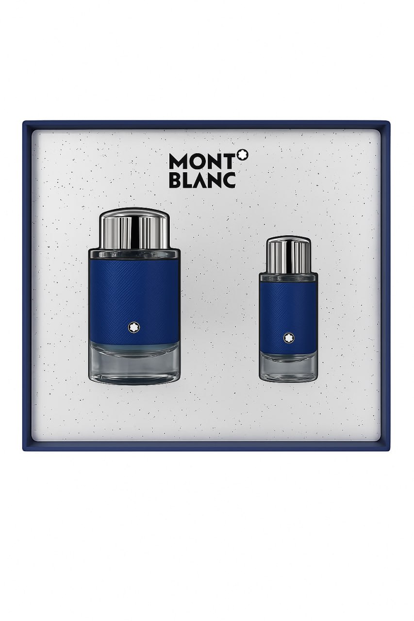 Monté Blanc perfume set with two blue bottles in a box on a white background Montblanc Monza Outlet