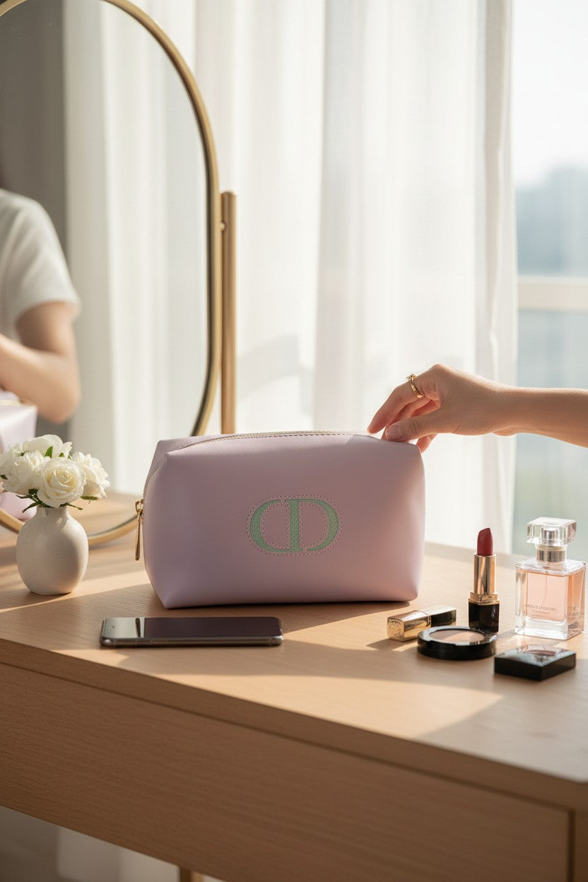 Pink cosmetic bag with green logo on a vanity table with makeup items. Dior, Monza Outlet, Monza Fashion, Shein Outlet