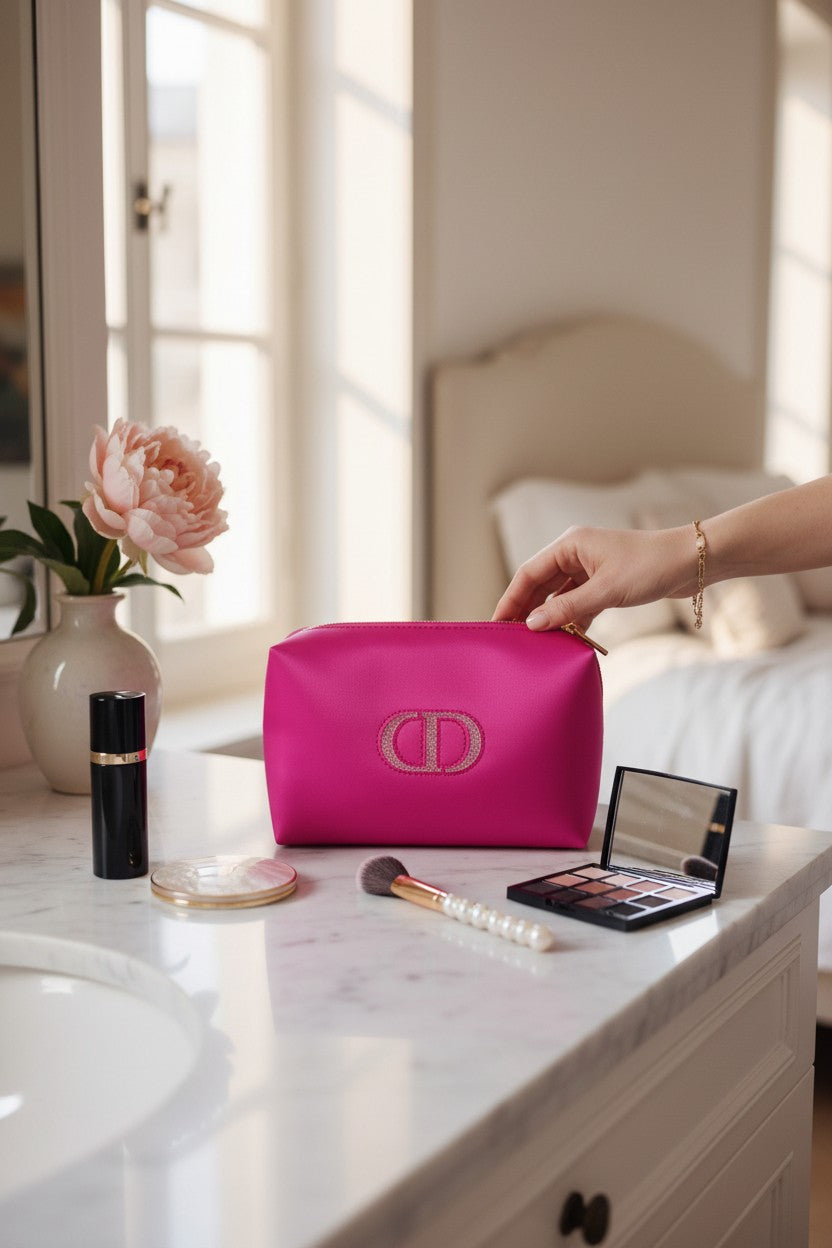 Pink cosmetic bag with Christian Dior logo on a marble vanity with makeup items. Dior, Monza Outlet, Monza Fashion, Shein Outlet