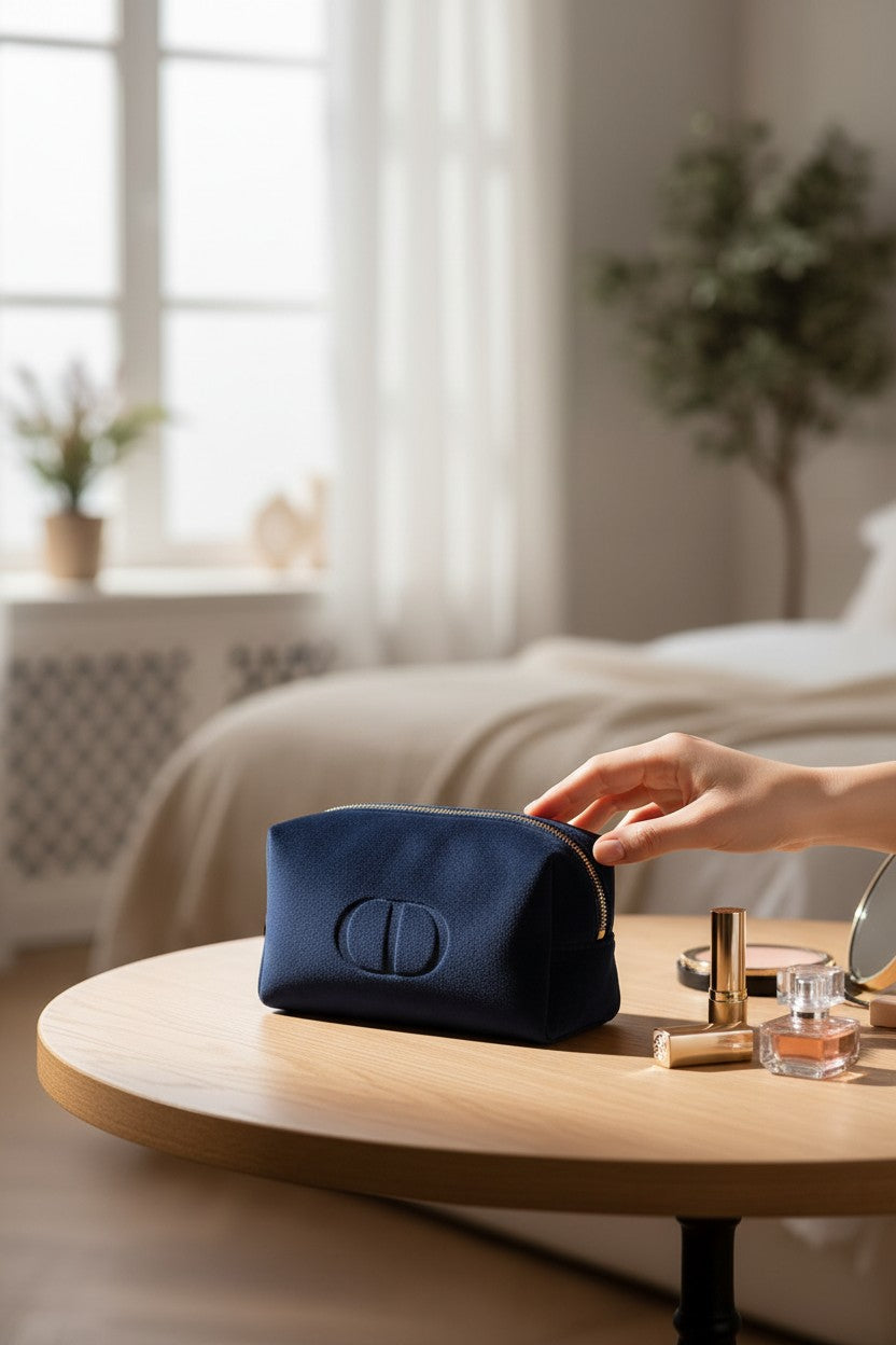 Person holding a navy blue cosmetic bag on a wooden table with a blurred bedroom background. Dior, Monza Outlet, Monza Fashion, Shein Outlet