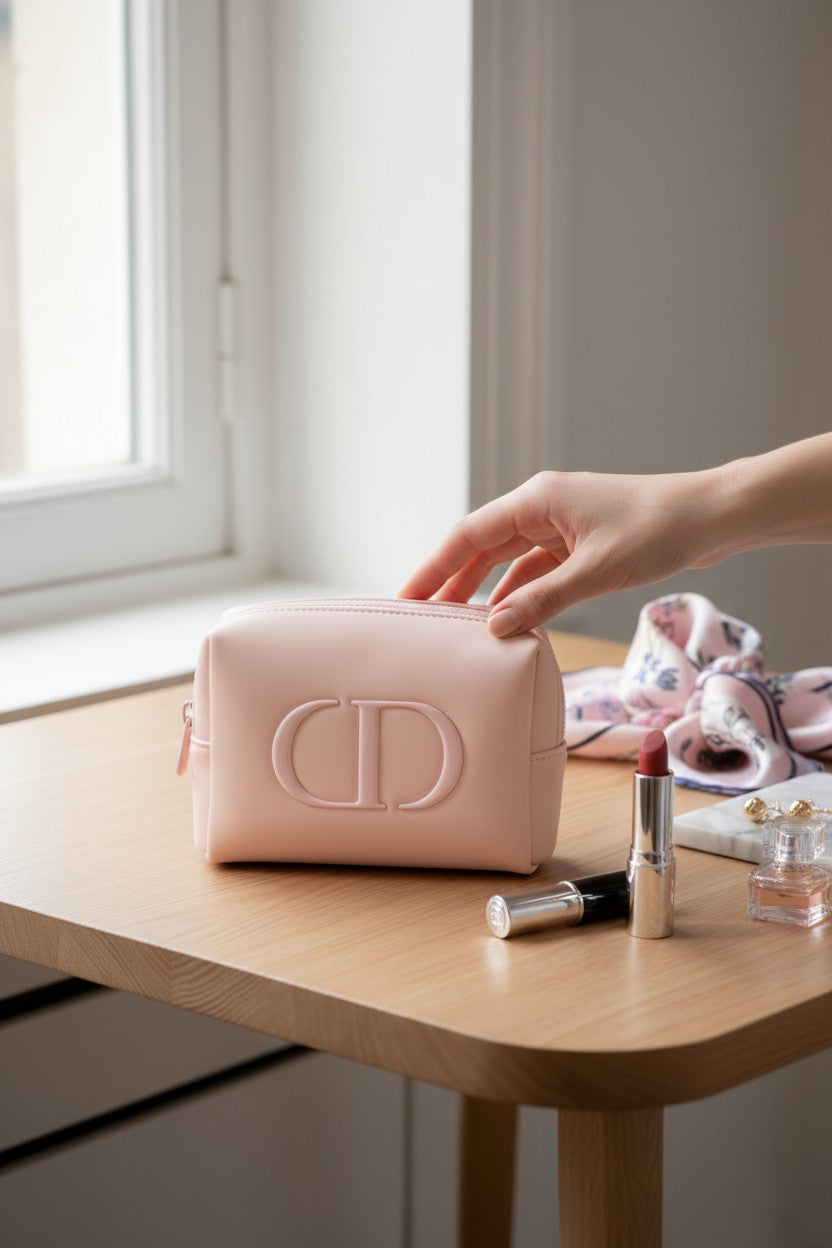 Pink cosmetic bag with Christian Dior logo on a wooden table, with a hand reaching towards it. Dior, Monza Outlet, Monza Fashion, Shein Outlet