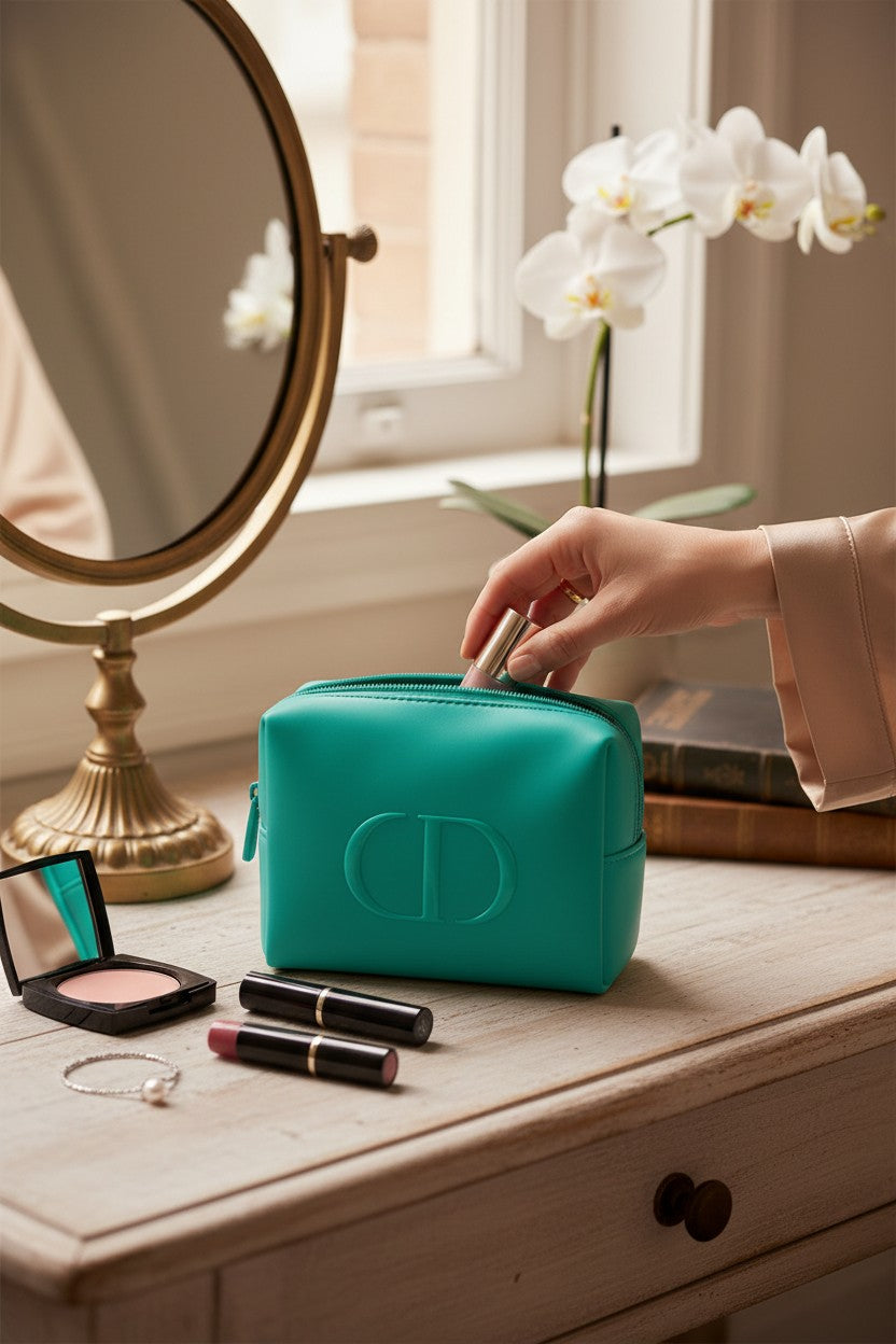 Teal makeup bag with Dior logo on a vanity table with makeup items. Dior, Monza Outlet, Monza Fashion, Shein Outlet