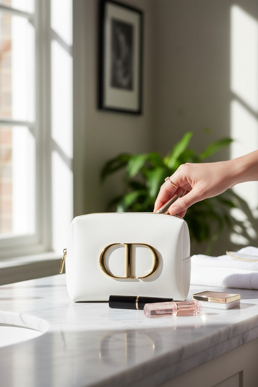White handbag with gold logo held by a hand on a marble surface with makeup items. Dior, Monza Outlet, Monza Fashion, Shein Outlet