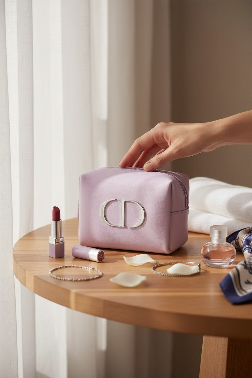 Pink cosmetic bag with brand logo on a wooden table with makeup items. Dior, Monza Outlet, Monza Fashion, Shein Outlet