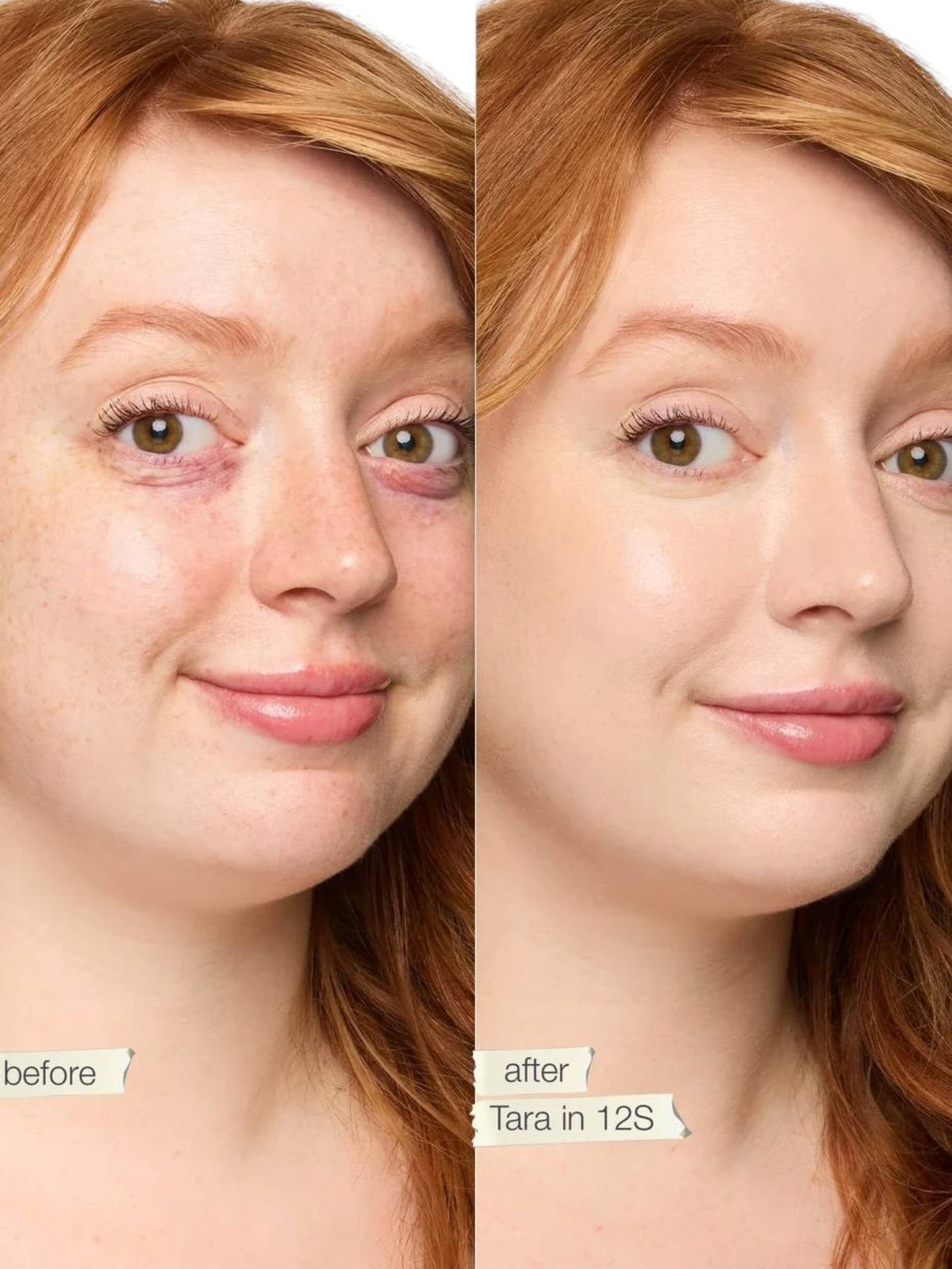 A side by side before and after comparison of a woman's face showing makeup application. The left side is labeled before and shows freckled skin with red hair; the right side is labeled after and shows a smooth, matte-finish complexion with the same red hair. Tarte, Monza Outlet, Monza Fashion, Shein Outlet