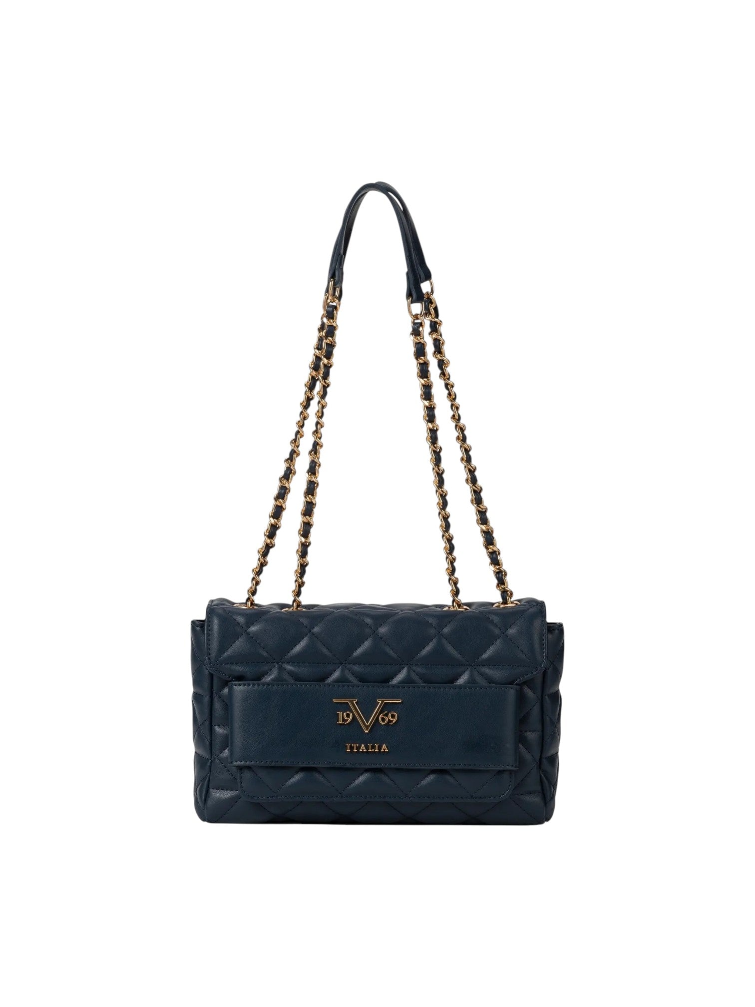A dark navy blue quilted leather shoulder bag with gold-tone chain straps and a gold DV69 ITALIA logo on the front, shown against a plain white background. 19V69 Italia, Monza Outlet, Monza Fashion, Shein Outlet