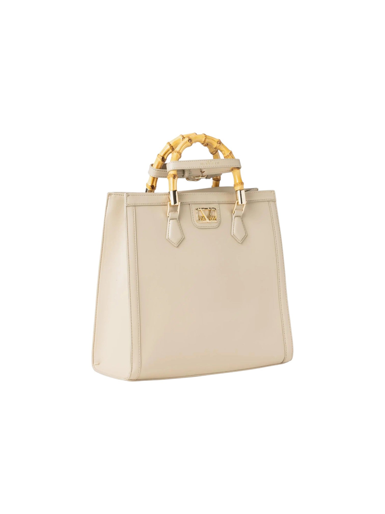 A structured cream colored leather handbag with a bamboo handle and gold tone hardware, shown against a plain white background. 19v69 Italia, Monza Outlet, Monza Fashion, Shein Outlet