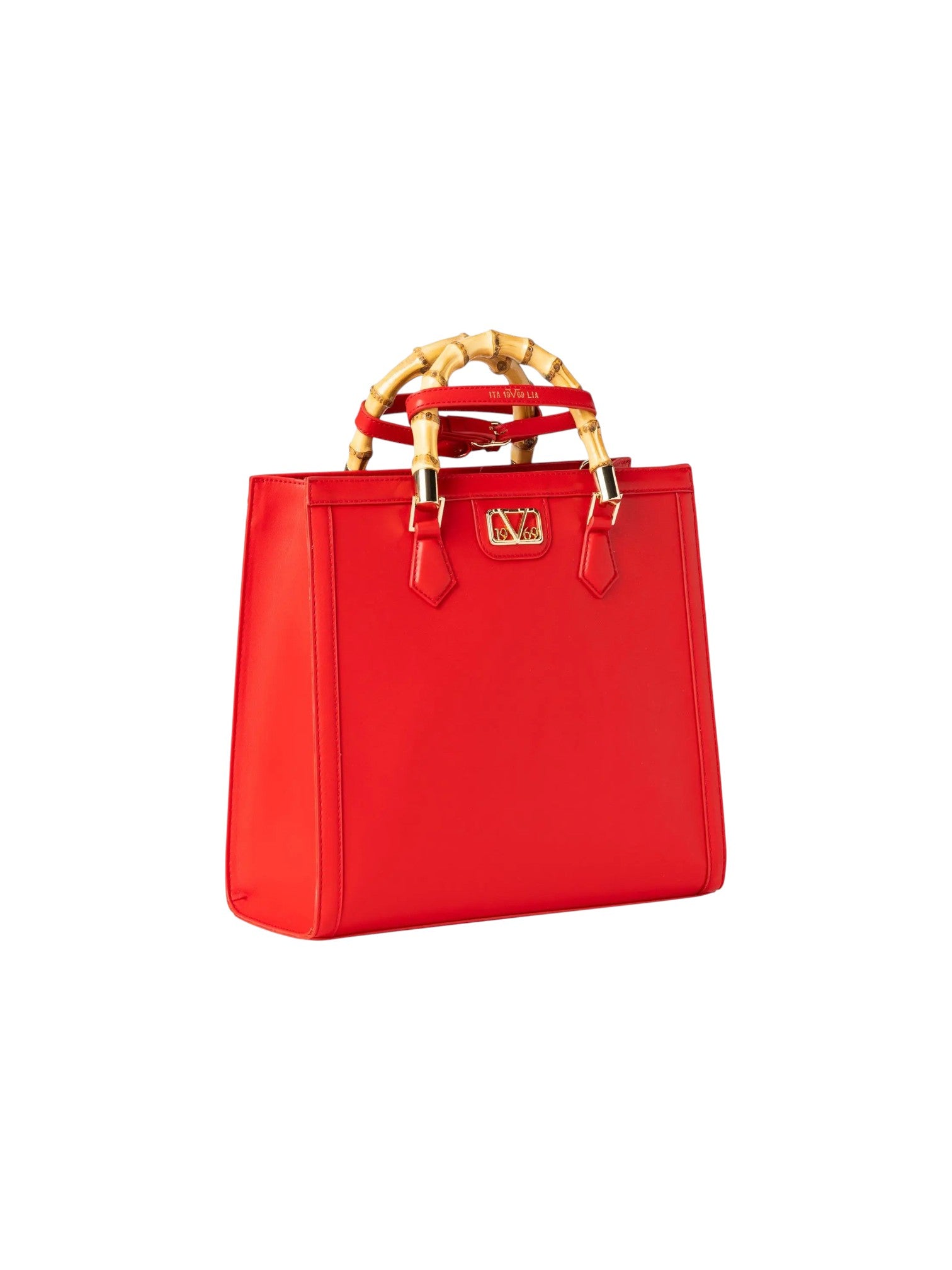 A bright red leather tote bag with a distinctive gold tone metal M logo on the front and a natural bamboo handle, shown against a plain white background. 19v69 Italia, Monza Outlet, Monza Fashion, Shein Outlet