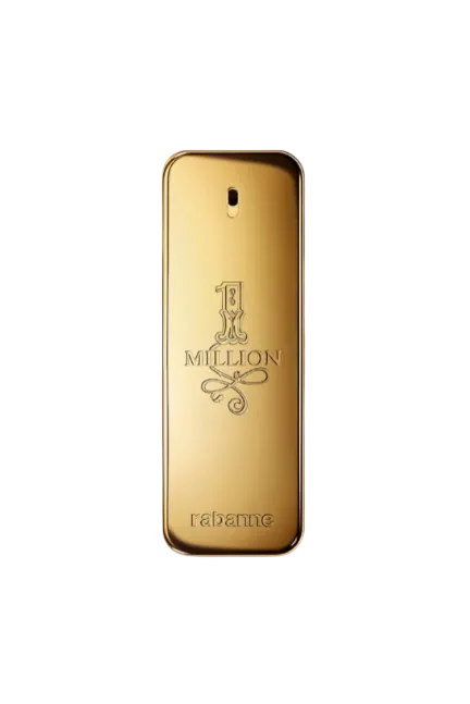 Gold perfume bottle with '1 Million' and 'Rabanne' branding on a white background monza outlet, Shein outlet, monza fashion