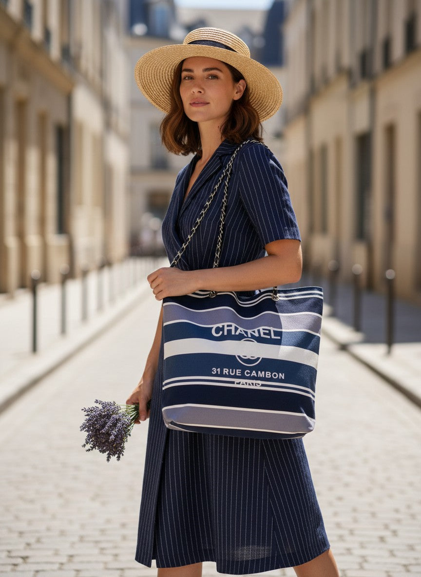 Woman holding a Chanel bag on a city street. Chanel, Monza Outlet, Monza Fashion, Shein Outlet 