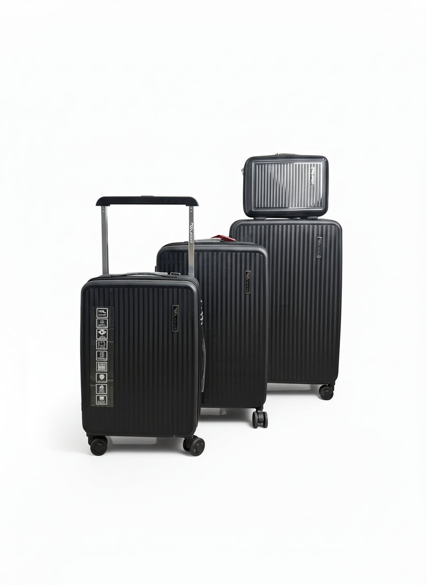 Set of black suitcases of different sizes on a white background. Monza Italy, Monza Outlet, Monza Fashion, Shein Outlet 