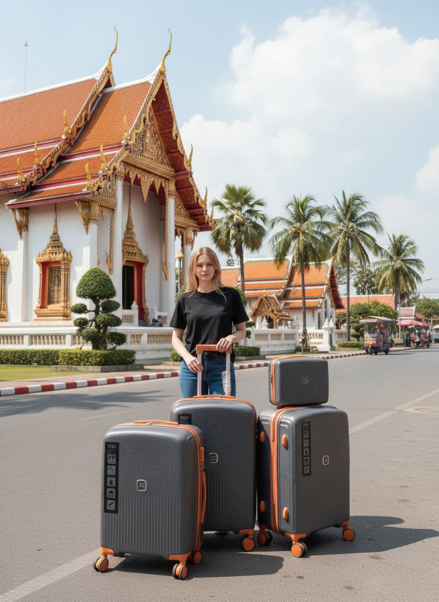 Person with a set of gray suitcases on a street with a traditional building in the background. Monza Italy, Monza Outlet, Monza Fashion, Shein Outlet