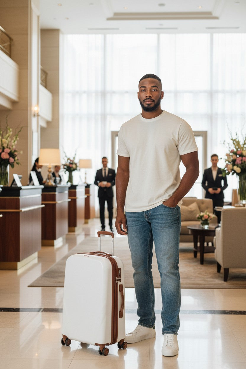 Man with a suitcase standing in a hotel lobby. Monza Outlet, Monza Fashion, Shein Outlet