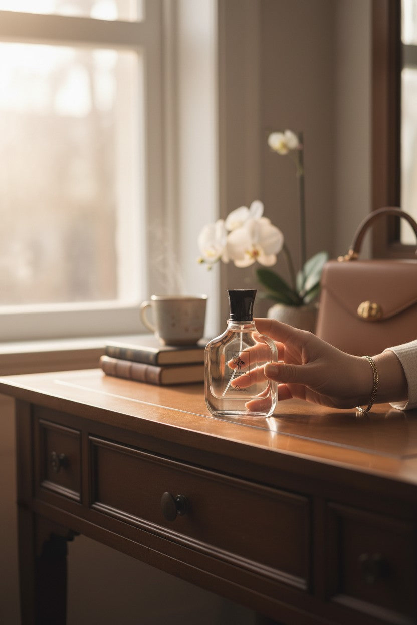 Hand holding a perfume bottle on a wooden table with a window and flowers in the background. Acth Onix, Monza Outlet, Monza Fashion, Shein Outlet