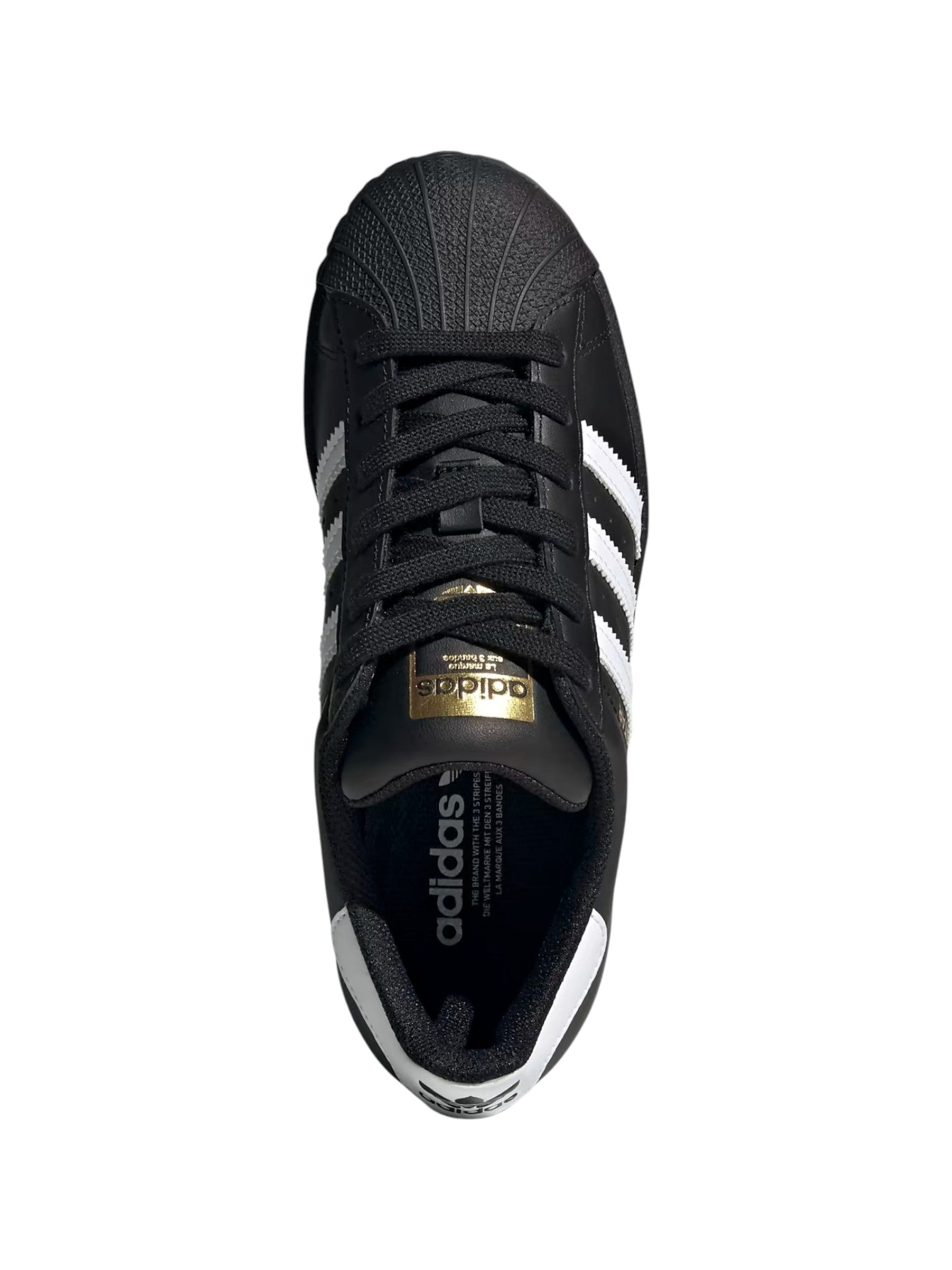Black Adidas sneaker with white stripes on a white background. Adidas, Monza Outlet, Monza Fashion, Shein Outlet