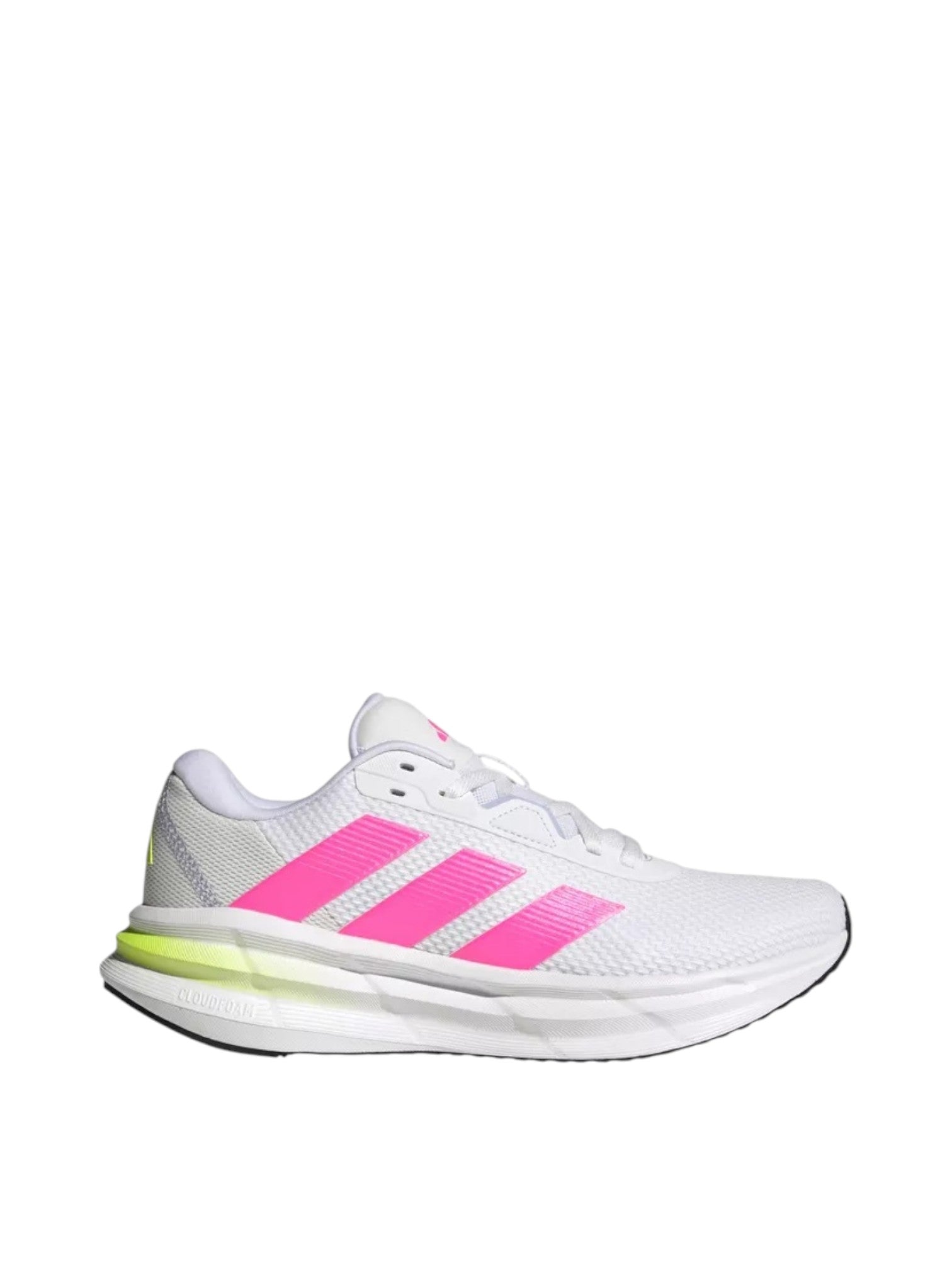 White Adidas running shoe with pink stripes on a white background. Adidas, Monza Outlet, Monza Fashion, Shein Outlet