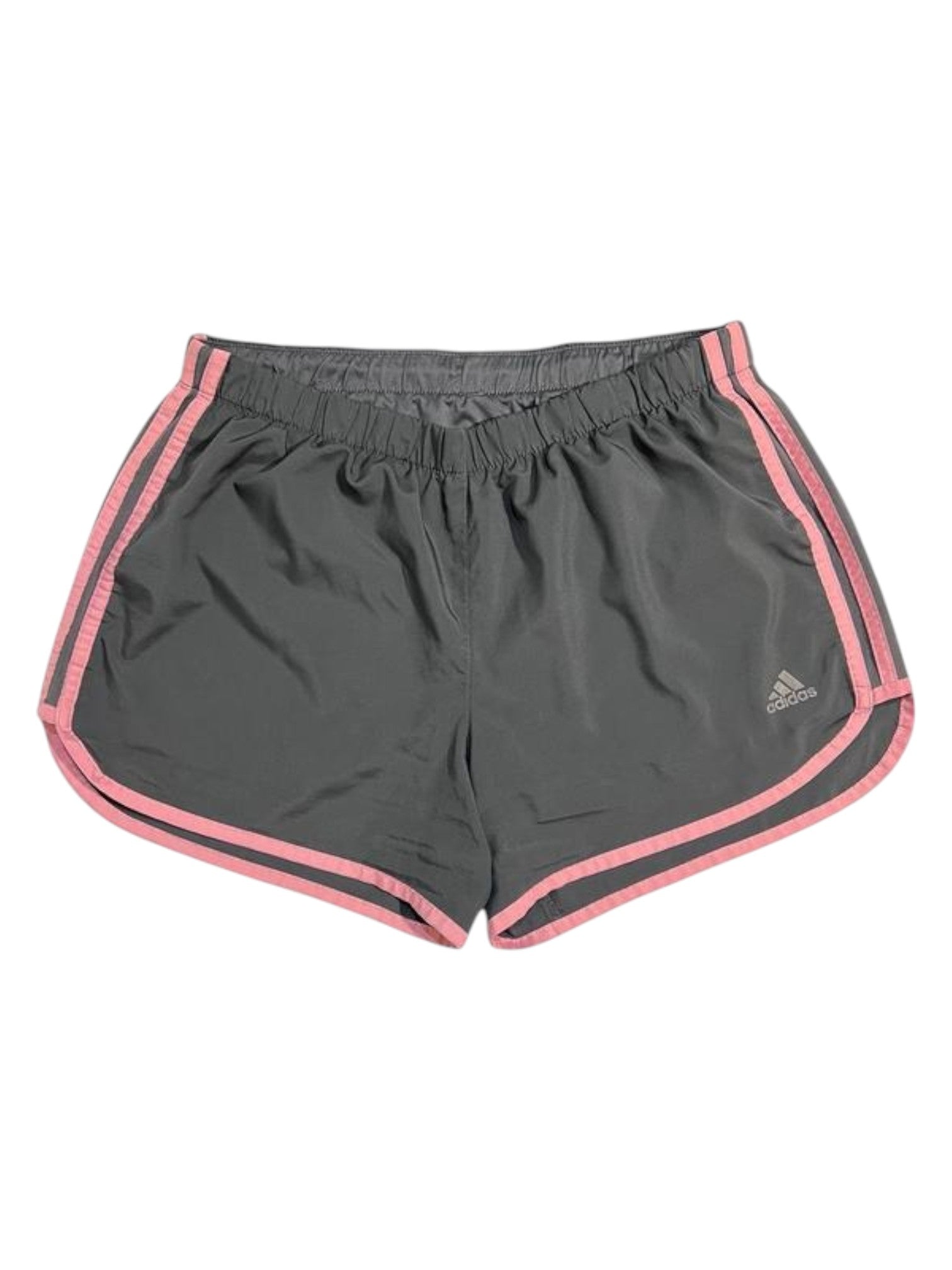 Gray athletic shorts with pink accents on a white background. Adidas, Monza Outlet, Monza Fashion, Shein Outlet