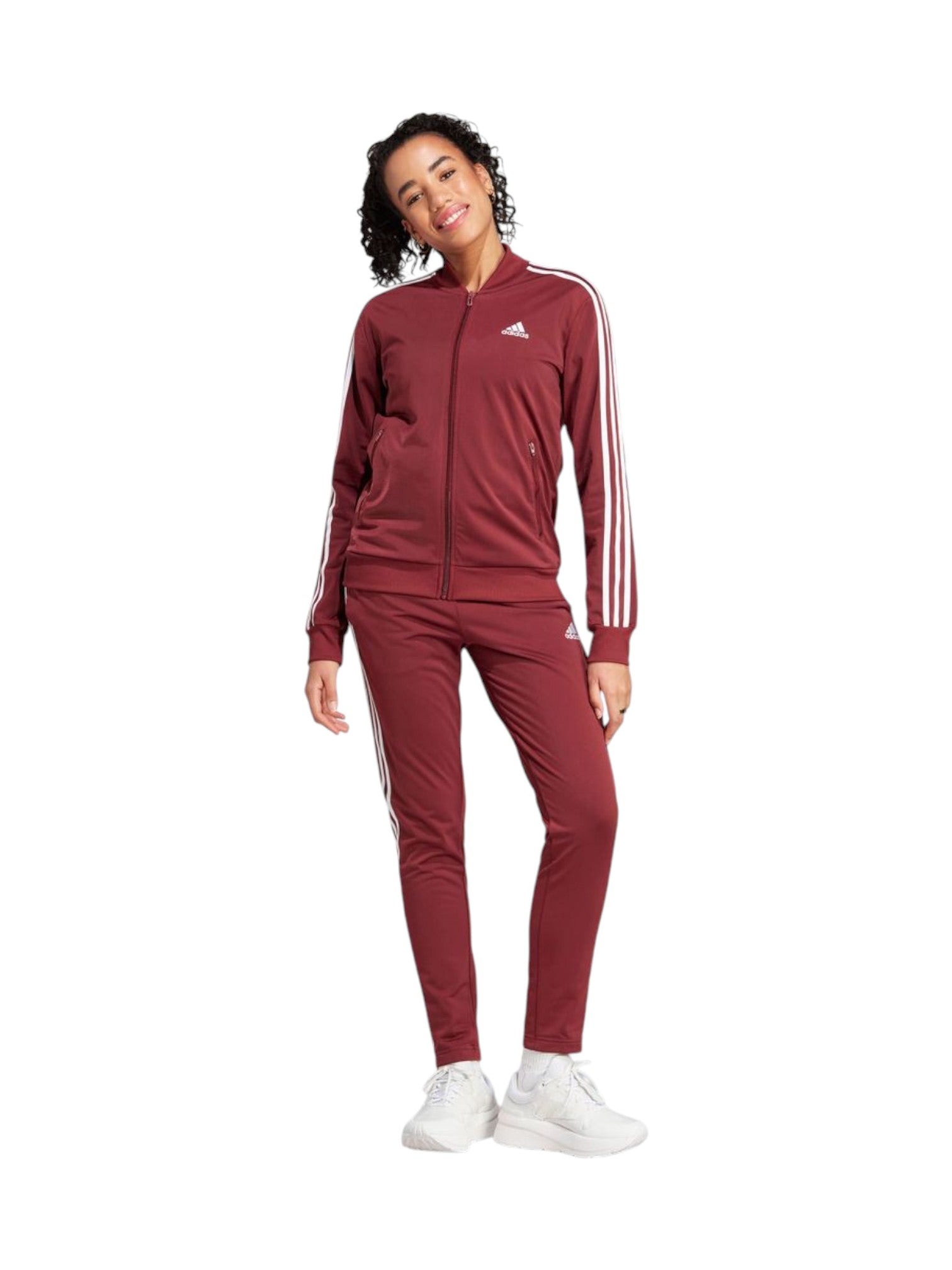 Woman wearing a maroon Adidas tracksuit on a white background. Adidas, Monza Outlet, Monza Fashion, Shein Outlet