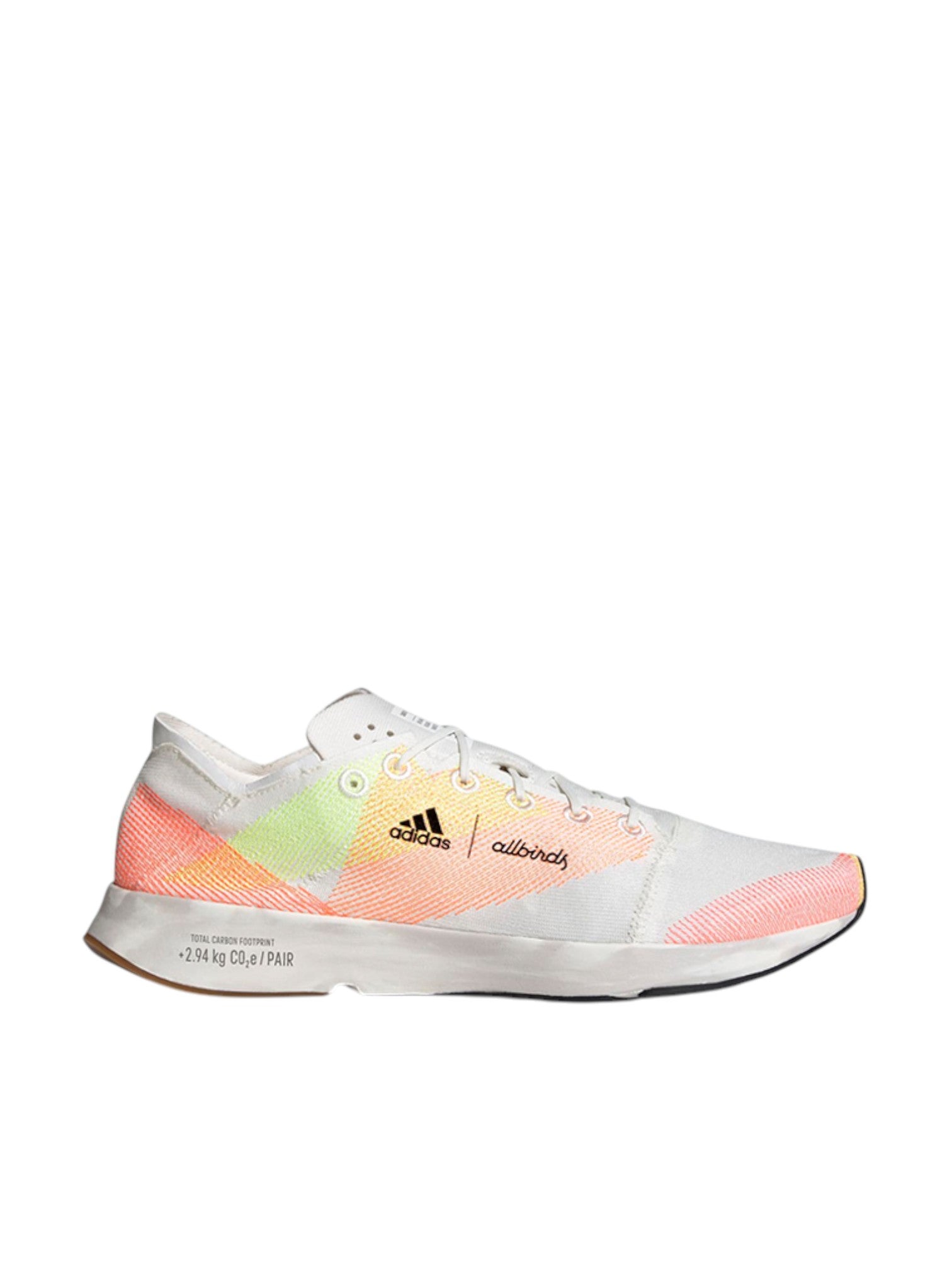 White Adidas running shoe with colorful sole on a white background. Adidas, Monza Outlet, Monza Fashion, Shein Outlet