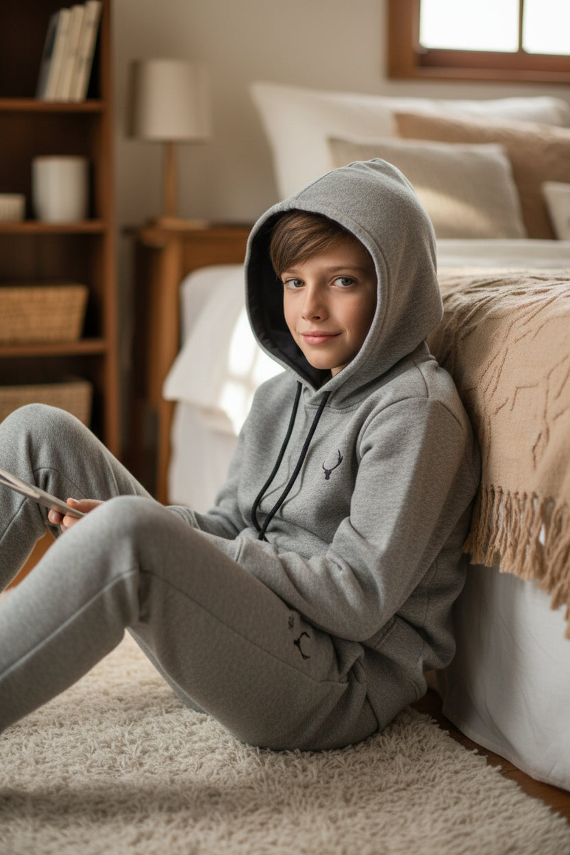 Child wearing a gray hoodie sitting on a bed in a cozy bedroom. Antler, Monza Outlet, Monza Fashion, Shein Outlet