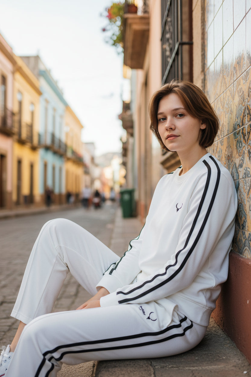 Woman in a white tracksuit with black stripes sitting against a wall on a street. Antler, Monza Outlet, Monza Fashion, Shein Outlet