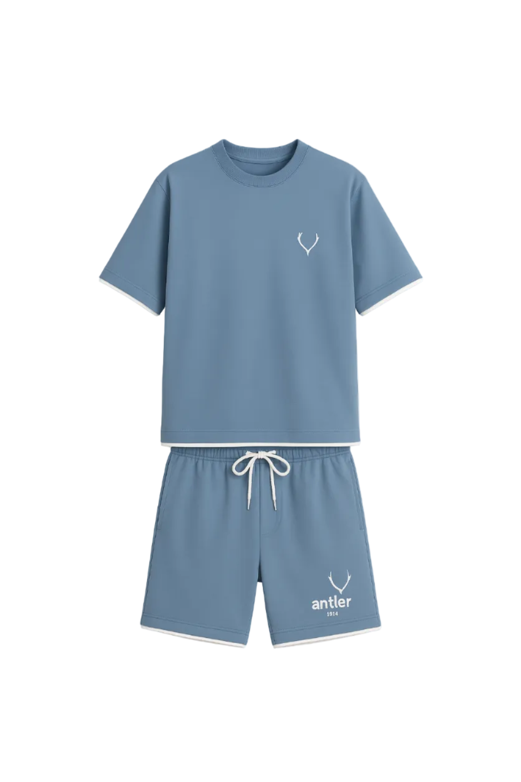 Blue t-shirt and shorts set with a logo on a white background. Antler, Monza Outlet, Monza Fashion, Shein Outlet