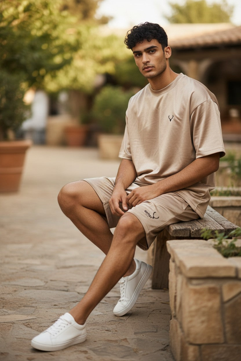 Man sitting on a stone bench wearing a beige t-shirt and shorts with white sneakers. Antler, Monza Outlet, Monza Fashion, Shein Outlet