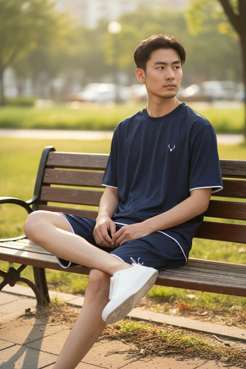 Man sitting on a bench in a park wearing a navy blue shirt and shorts. Antler, Monza Outlet, Monza Fashion, Shein Outlet
