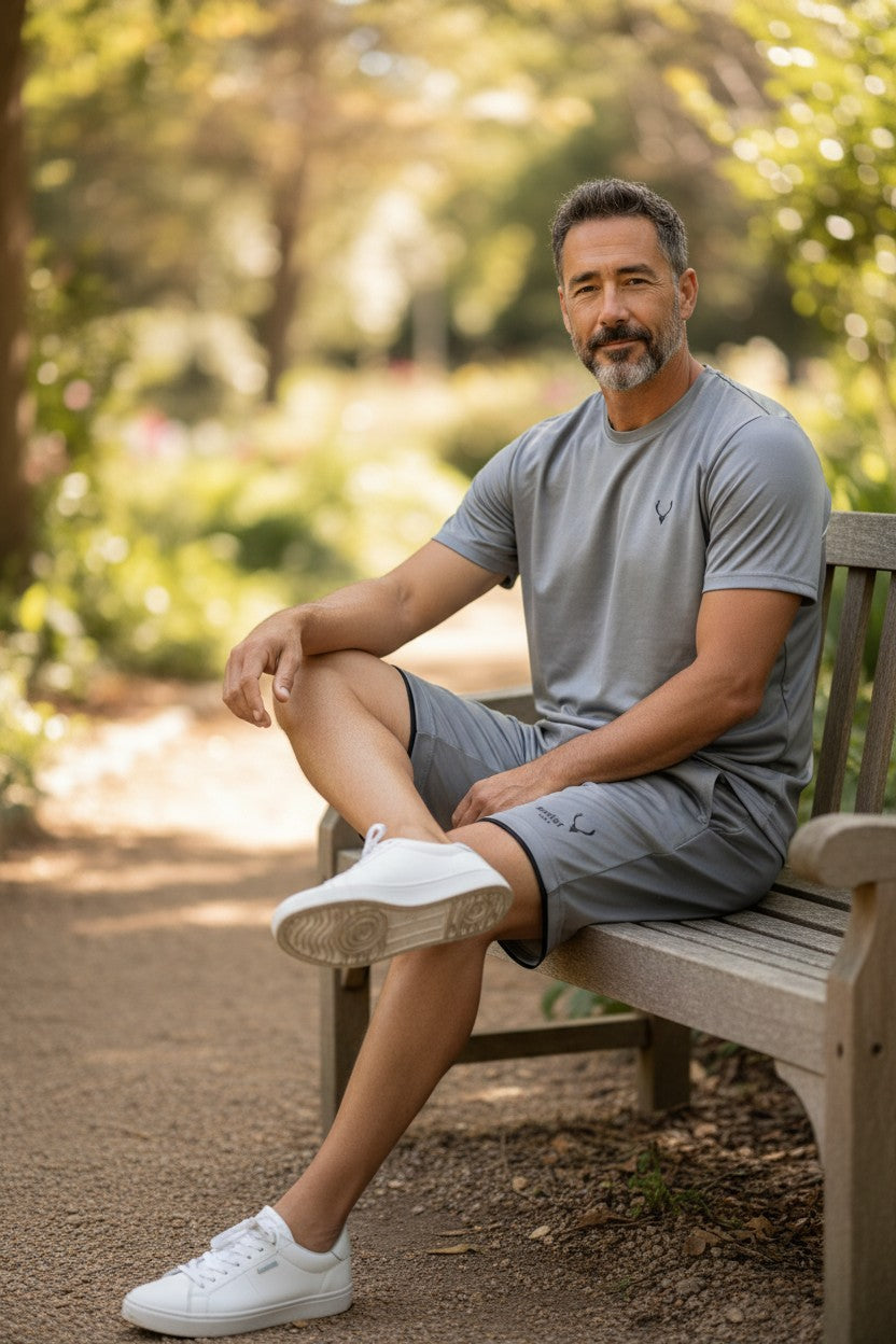 Man sitting on a bench in a park wearing a gray t-shirt and shorts. Antler, Monza Outlet, Monza Fashion, Shein Outlet