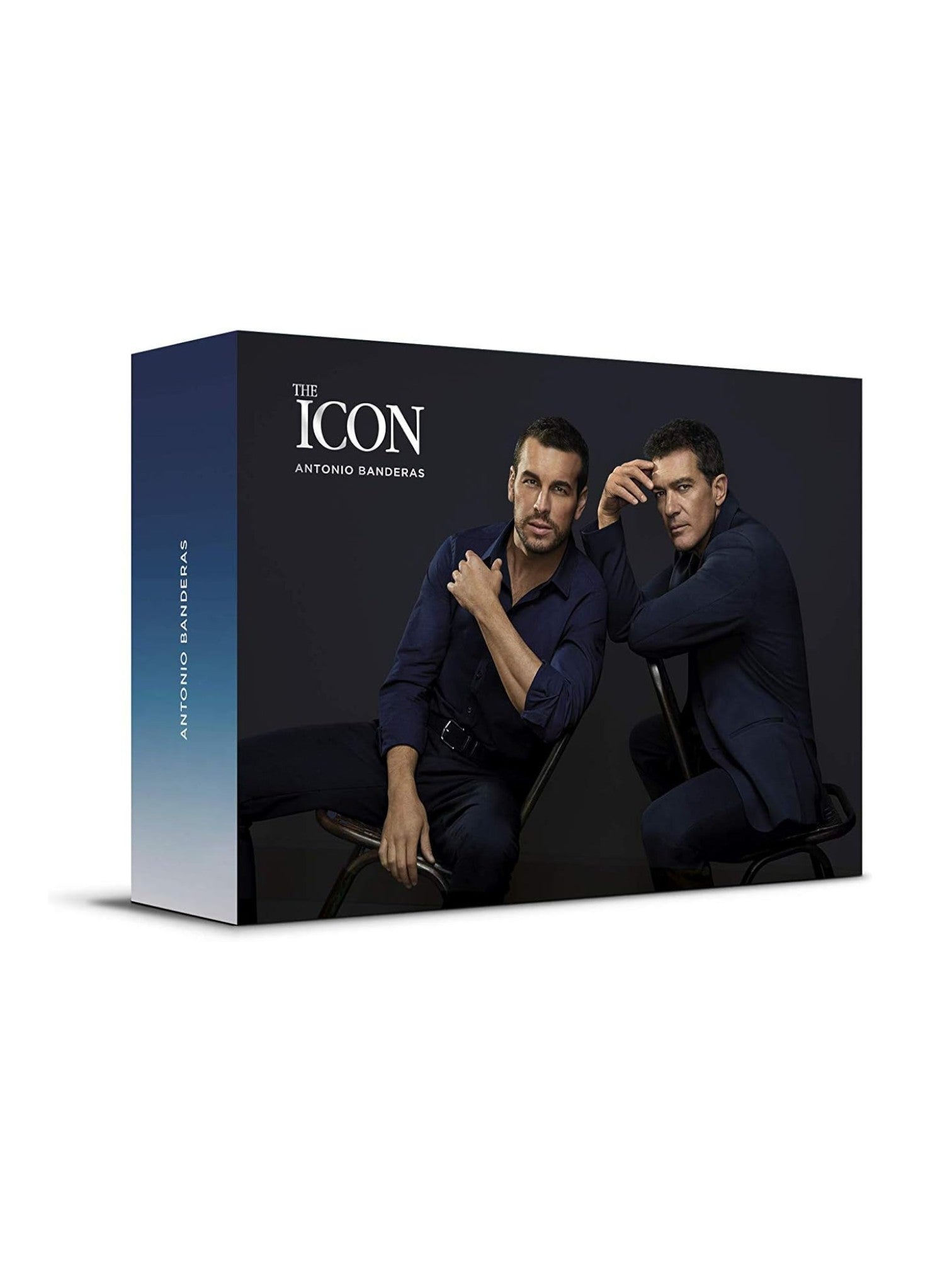 Product packaging for The Icon by Antonio Banderas with two men in suits on a dark background. Antonio Banderas, Monza Outlet, Monza Fashion, Shein Outlet