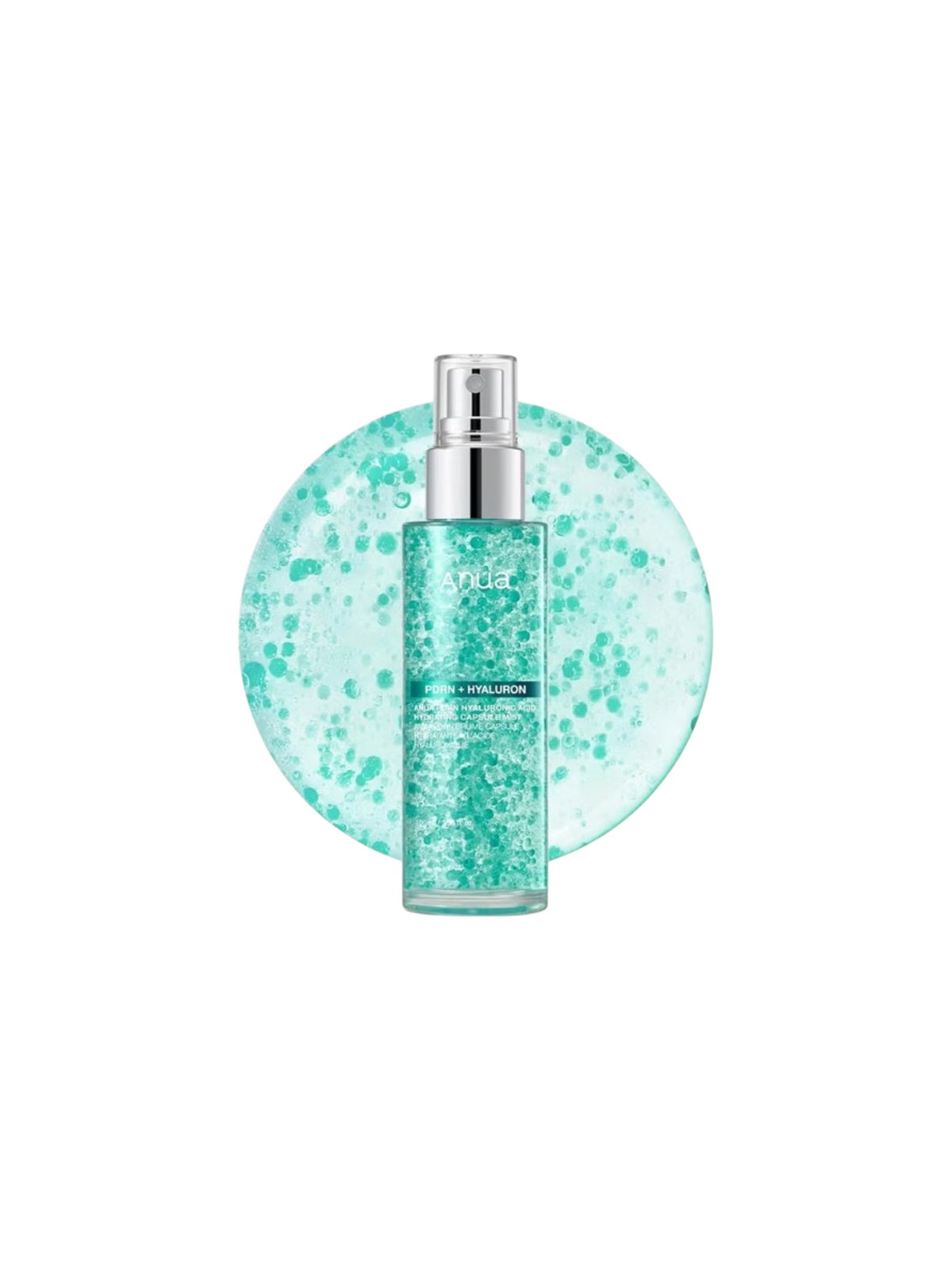 A bottle of Vichy Dermo Cosmetic Hyaluhydrating Gel with a silver pump, set against a circular teal green gel swatch on a solid white background. Anua, Monza Outlet, Monza Fashion, Shein Outlet.