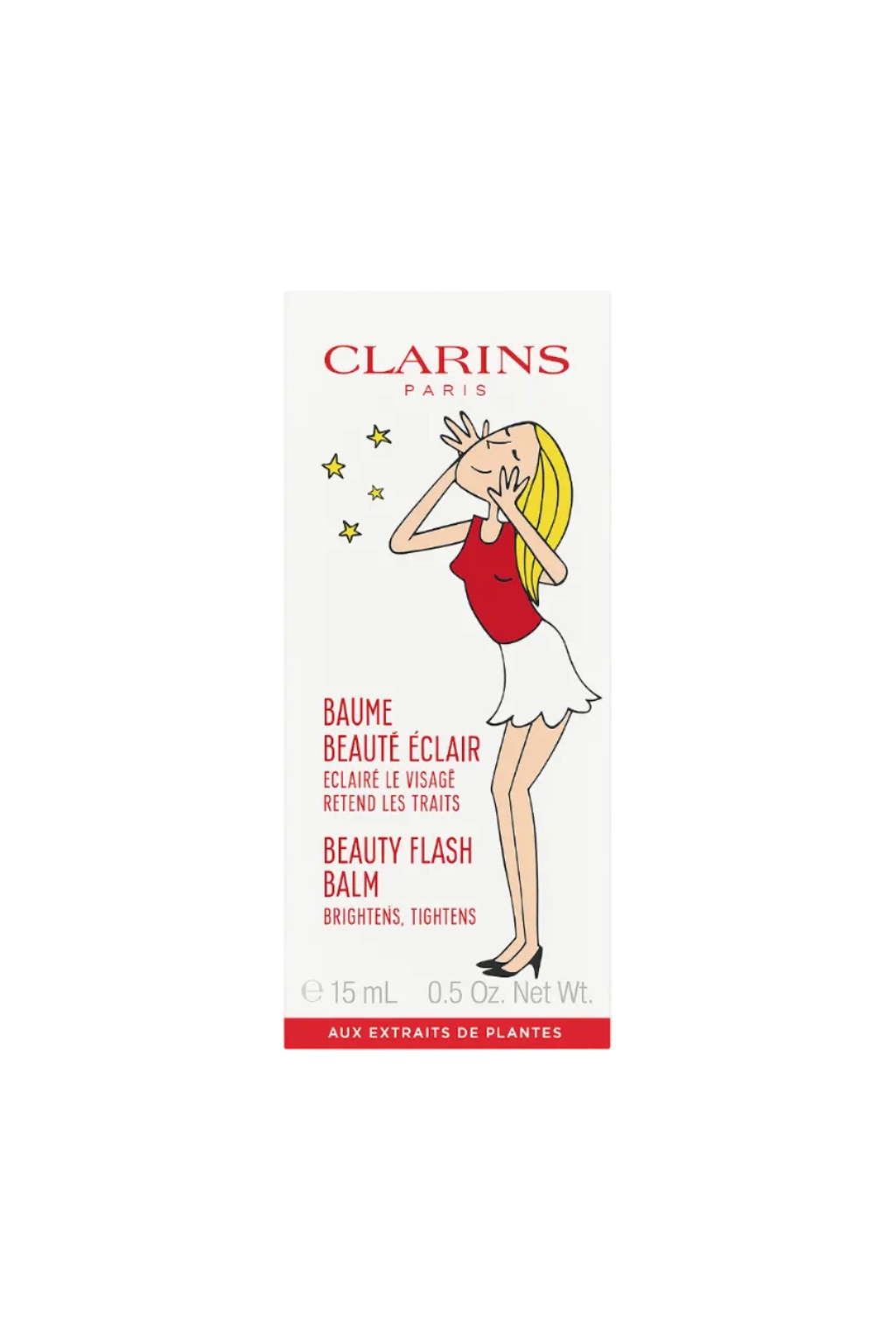 Clarins beauty flash balm packaging with cartoon illustration on a white background. Clarins, Monza Outlet, Monza Fashion, Shein Outlet