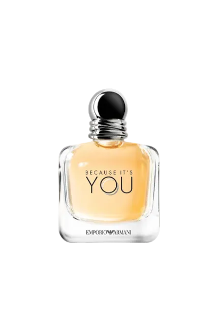 Perfume bottle with Because It's You text and Emporio Armani logo on a white background. Monza Outlet