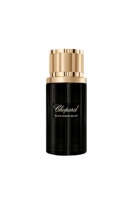 Chopard perfume bottle with black body and gold cap on a white background Chopard Monza Outlet 