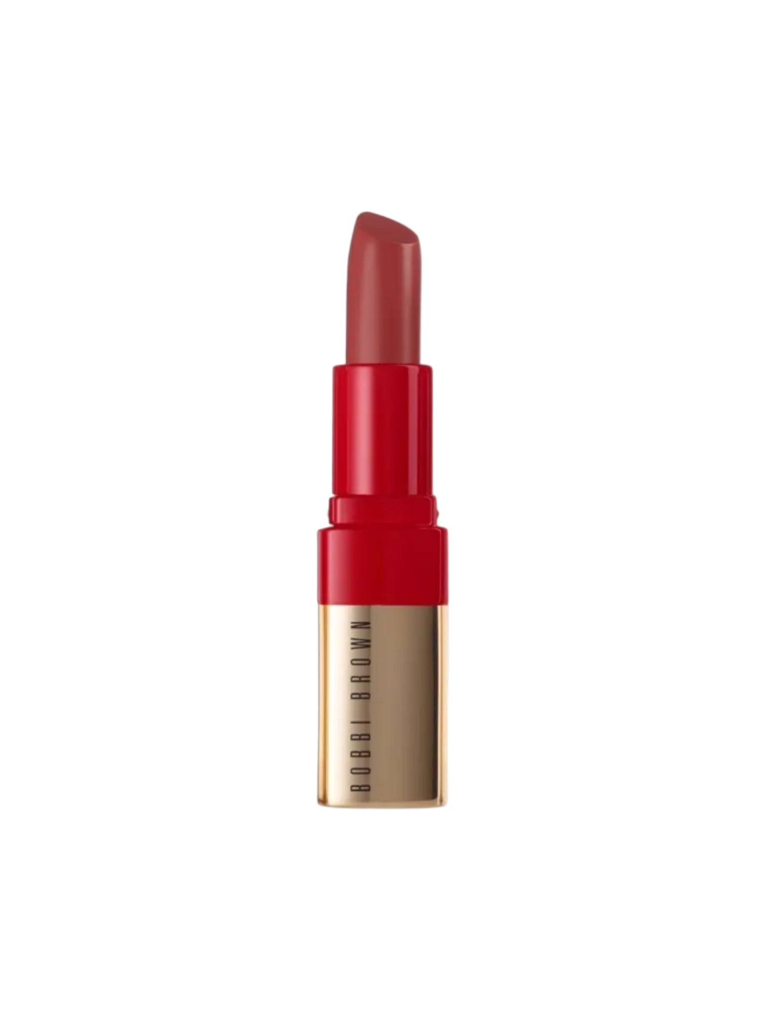 Bob Brown lipstick in a warm dusty rose shade, housed in a metallic gold and red tube, shown on a plain white background. Bobbi Brown, Monza Outlet, Monza Fashion, Shein Outlet