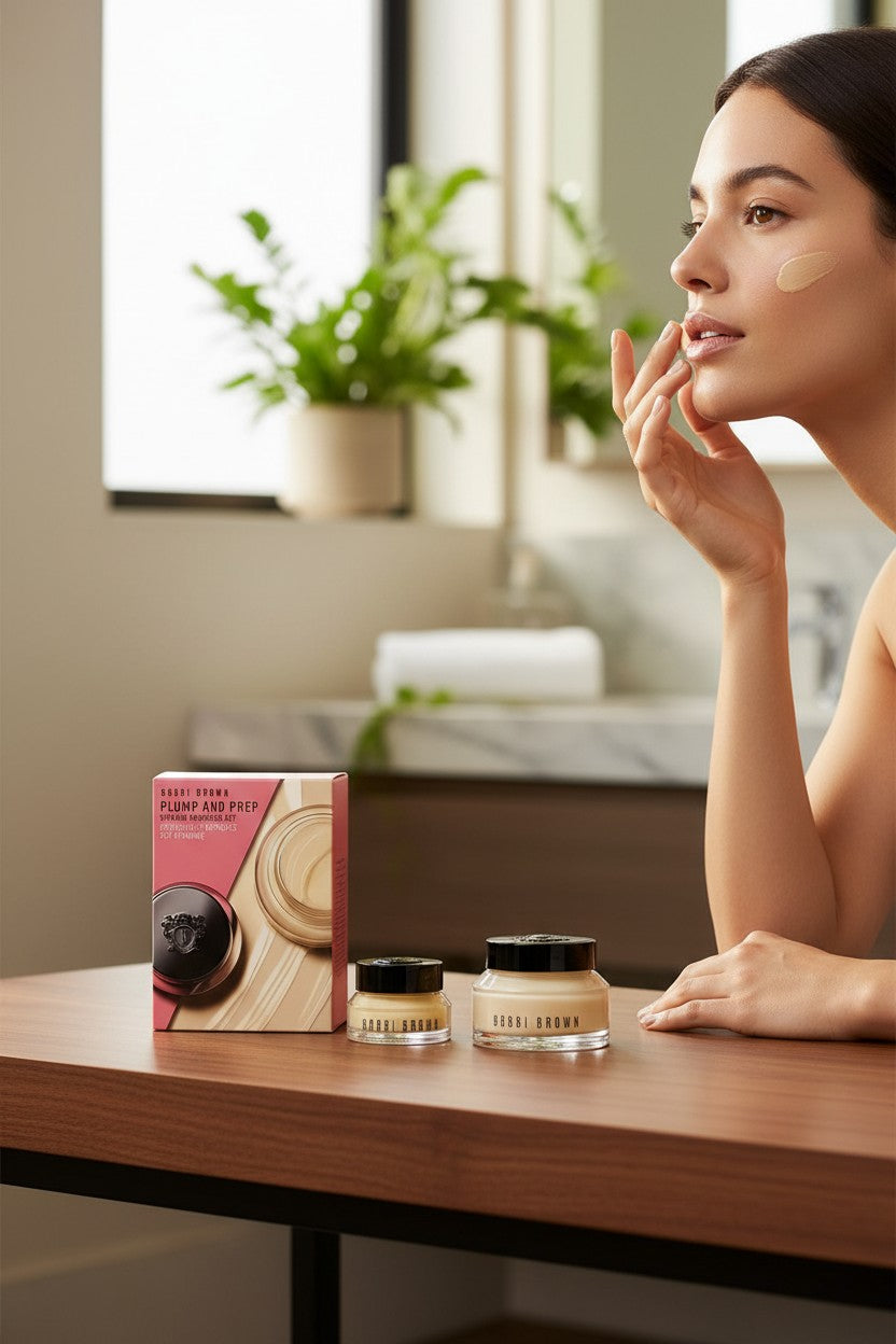 Woman applying cream with skincare products on a table. Bobbi Brown, Monza Outlet, Monza Fashion, Shein Outlet