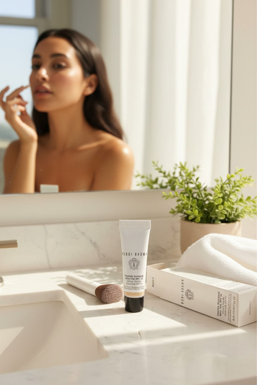 Woman applying cream to her face with a skincare product on a counter. Bobbi Brown, Monza Outlet, Monza Fashion, Shein Outlet