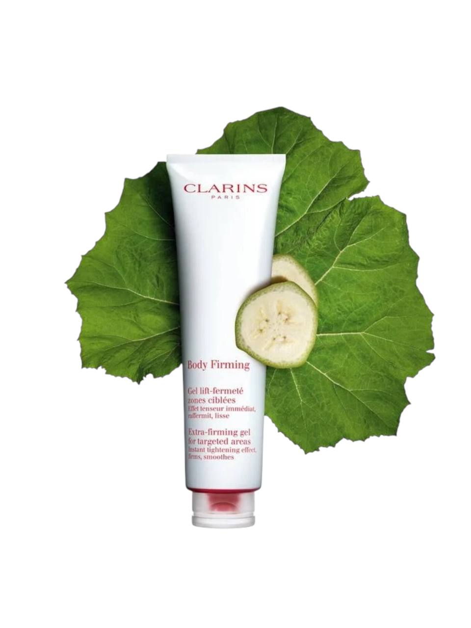 Clarins body firming gel with cucumber slices and leaves on a white background. Clarins, Monza Outlet, Monza Fashion, Shein Outlet