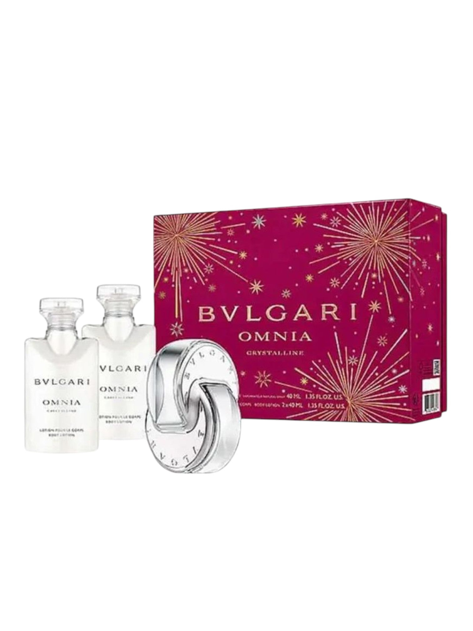 Bulgari Omnia Crystalline perfume set with two bottles and a red box on a white background. Bvlgari, Monza Outlet, Monza Fashion, Shein Outlet
