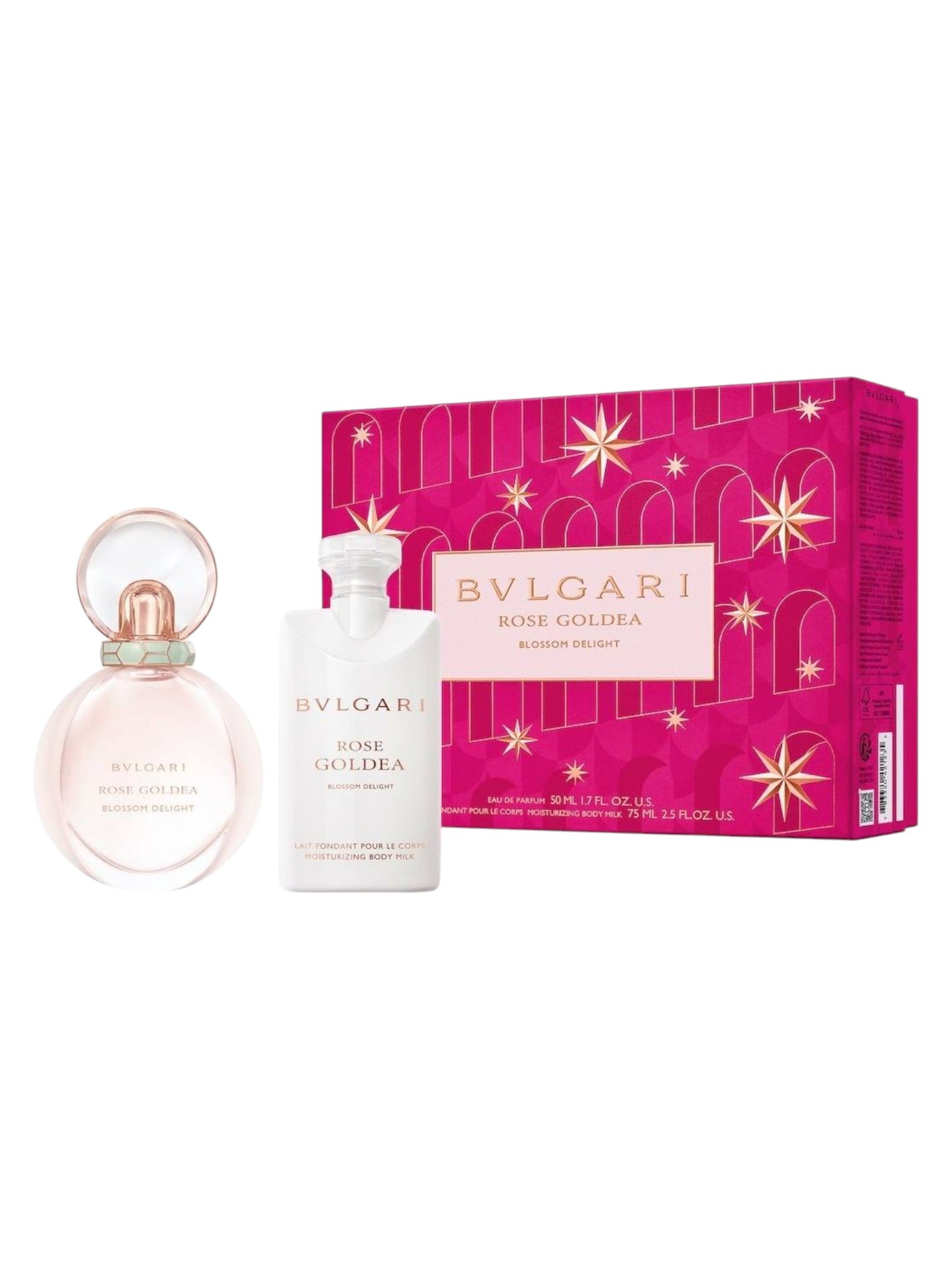 Bulgari Rose Goldea perfume set with pink bottle and white bottle on a white background. Bvlgari, Monza Outlet, Monza Fashion, Shein Outlet
