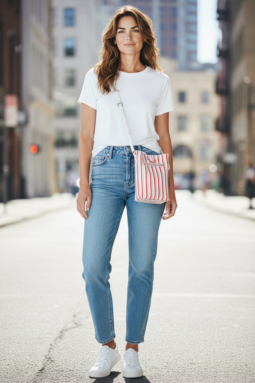Woman standing on a city street wearing a white t-shirt, blue jeans, and white sneakers, holding a striped bag. Calvin Klein, Monza Outlet, Monza Fashion, Shein Outlet