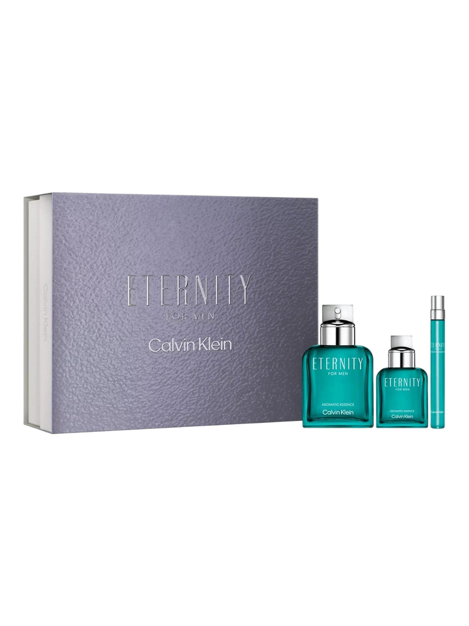 Calvin Klein Eternity perfume set with three bottles and a box on a white background monza outlet, Shein outlet, monza fashion