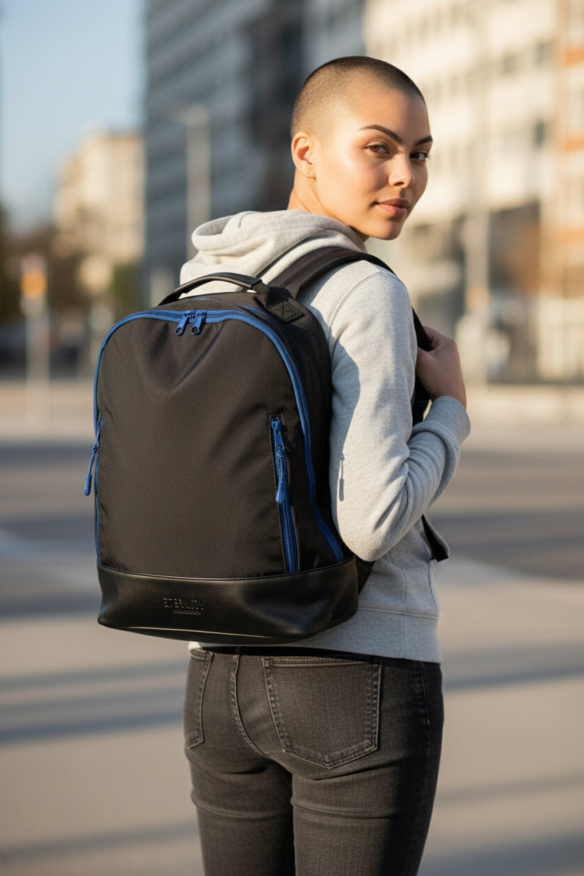 Person wearing a black backpack with blue accents in an urban setting. Calvin Klein, Monza Outlet, Monza Fashion, Shein Outlet