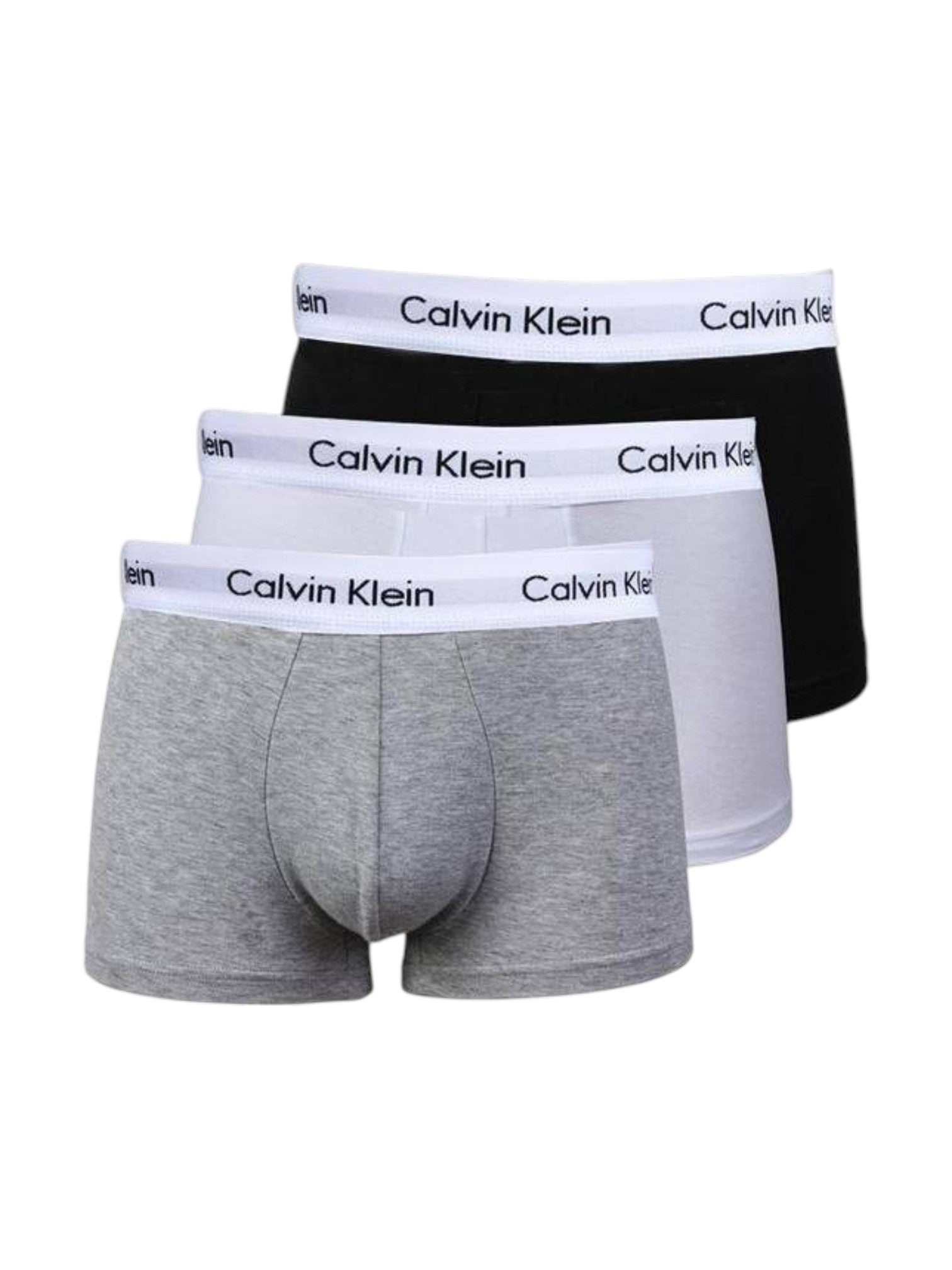 Three pairs of Calvin Klein boxer briefs in gray, black, and white on a white background. Calvin Klein, Monza Outlet, Monza Fashion, Shein Outlet