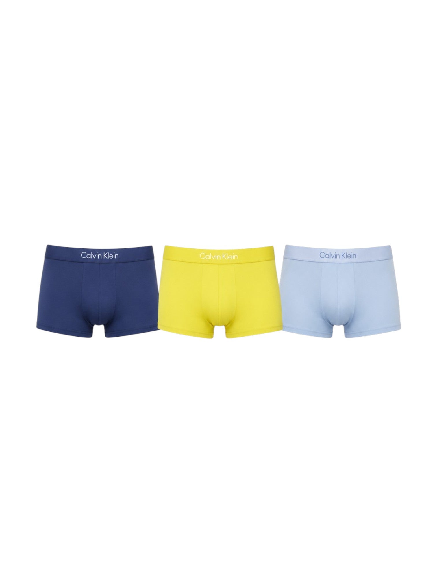Three pairs of Calvin Klein men's boxer briefs in navy blue, bright yellow, and light blue, displayed side-by-side on a plain white background. Calvin Klein, Monza Outlet, Monza Fashion, Shein Outlet