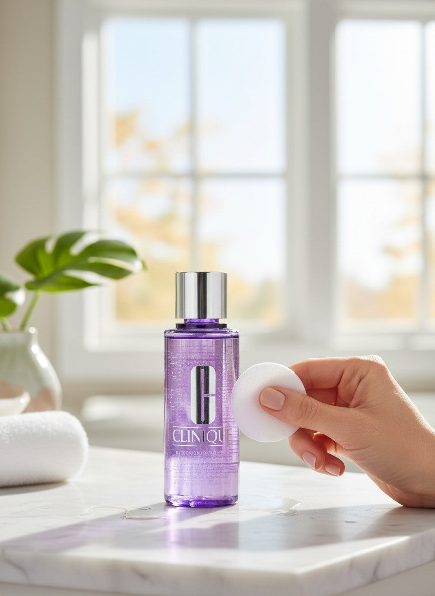 Clinique bottle on a marble surface with a hand holding a cotton pad. Clinique, Monza Outlet, Monza Fashion, Shein Outlet 