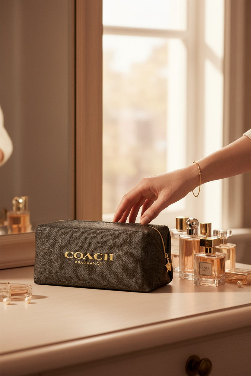 Coach fragrance bag on a dresser with various perfume bottles in the background. Coach, Monza Outlet, Monza Fashion, Shein Outlet 