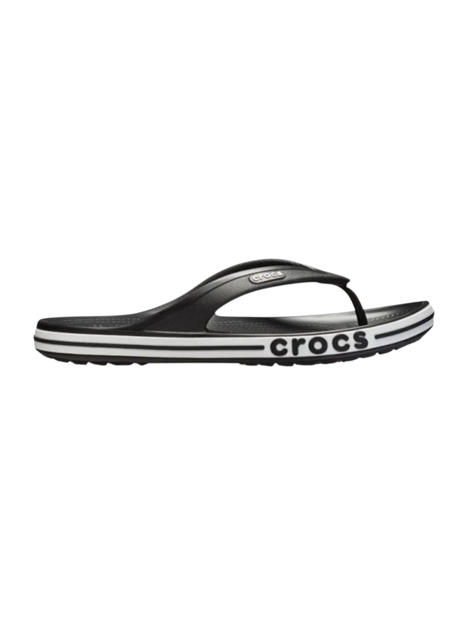 Black and white sandal with Crocs logo on a white background. Crocs, Monza Outlet, Monza Fashion, Shein Outlet 
